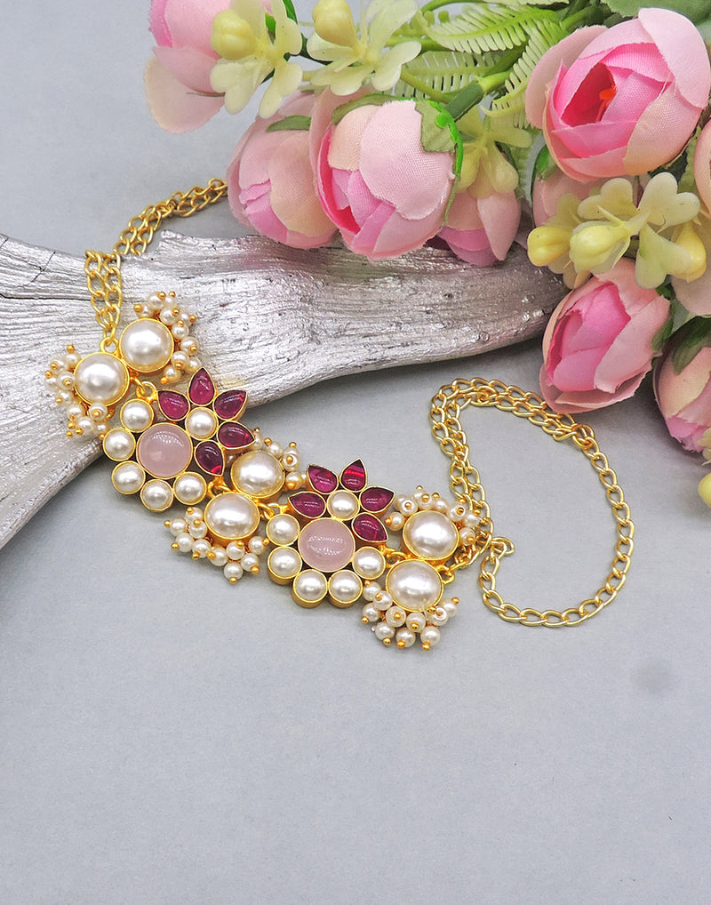 Red & Pink Flower Choker - Statement Necklaces - Gold-Plated & Hypoallergenic Jewellery - Made in India - Dubai Jewellery - Dori