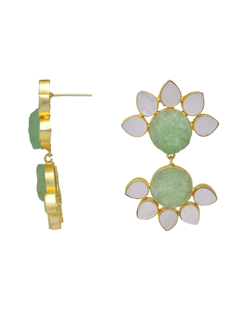 Twin Flora Earrings (Green Fluorite) - Statement Earrings - Gold-Plated & Hypoallergenic Jewellery - Made in India - Dubai Jewellery - Dori