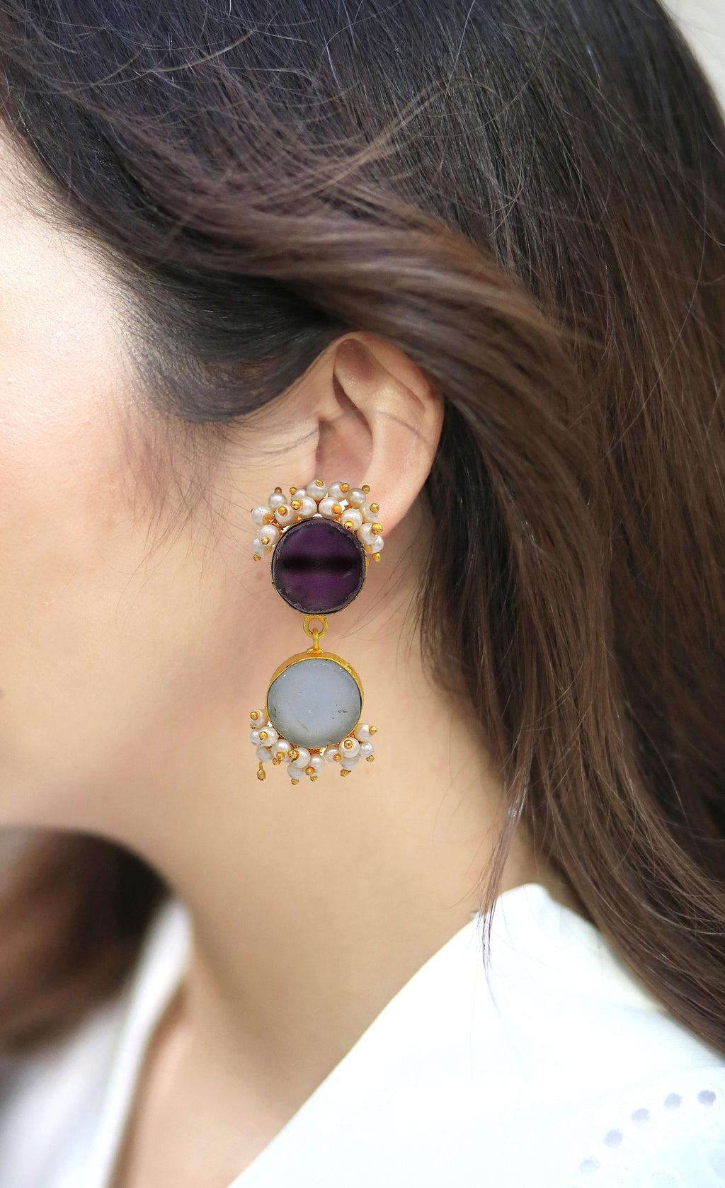 Twin Bloom Earrings (Amethyst & Blue Onyx) - Statement Earrings - Gold-Plated & Hypoallergenic - Made in India - Dubai Jewellery - Dori