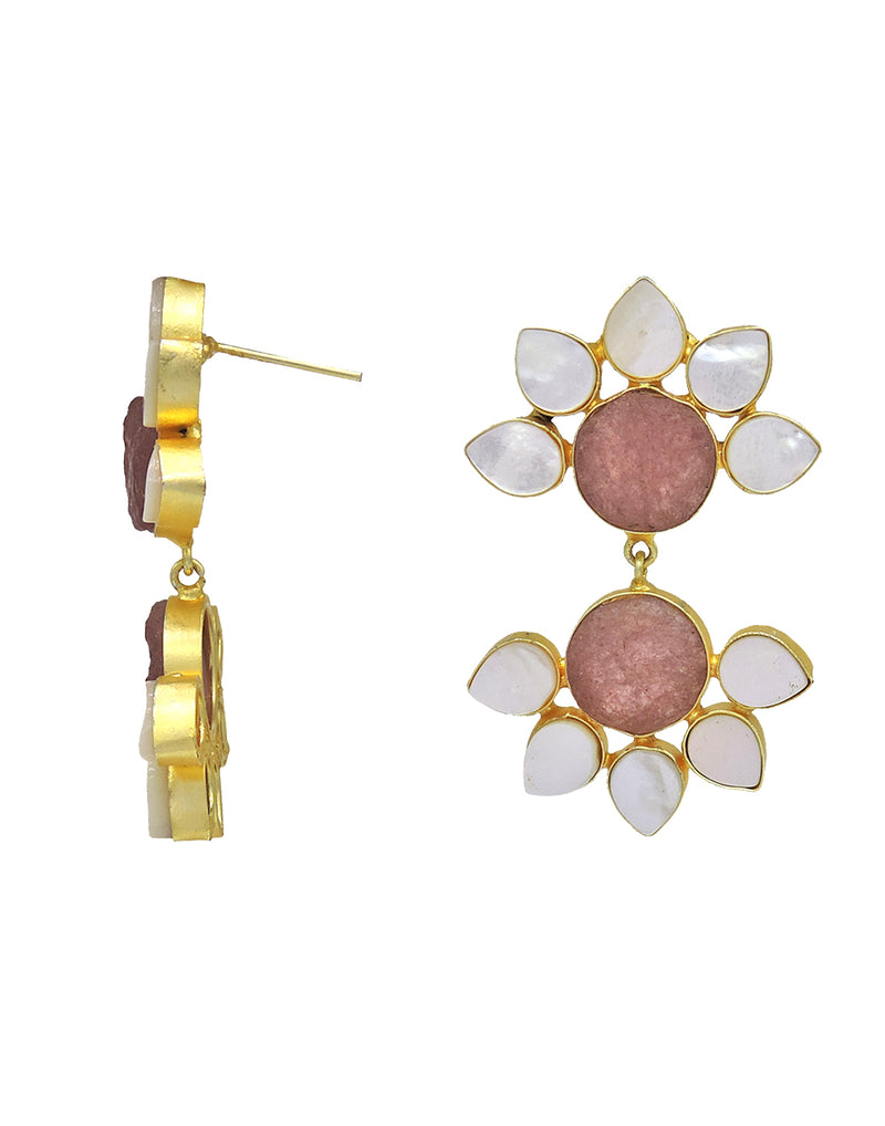 Twin Flora Earrings (Quartz) - Statement Earrings - Gold-Plated & Hypoallergenic Jewellery - Made in India - Dubai Jewellery - Dori