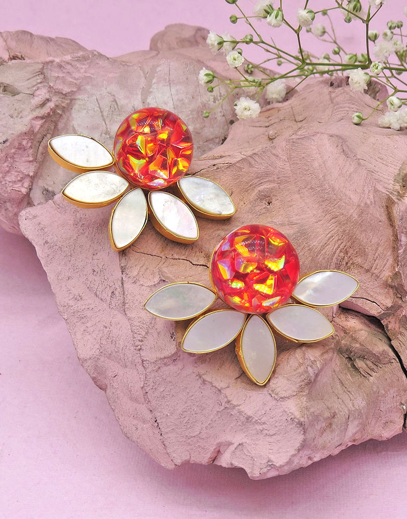 Flower Fan Earrings | Gold, Rainbow, Green & Vermilion - Statement Earrings - Gold-Plated & Hypoallergenic - Made in India - Dubai Jewellery - Dori