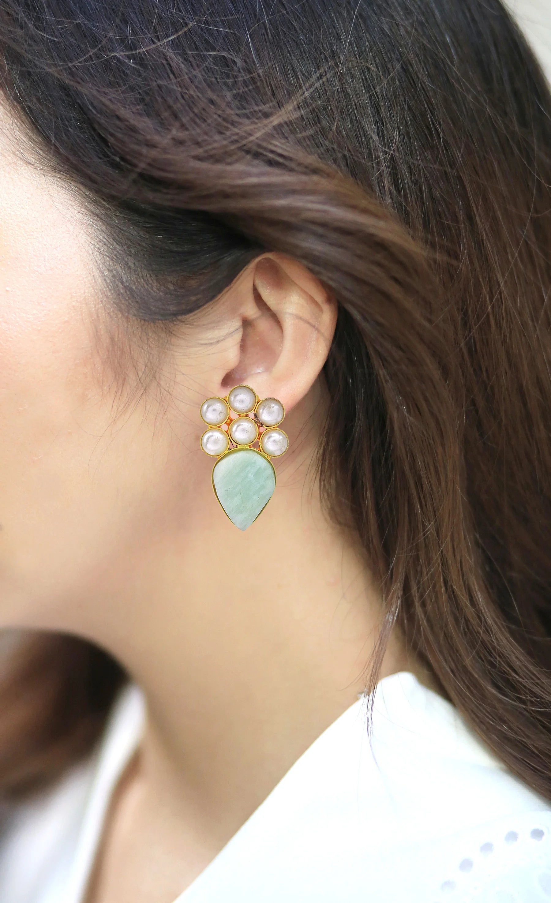 Amazonite & Pearl Cluster Earrings- Handcrafted Jewellery from Dori