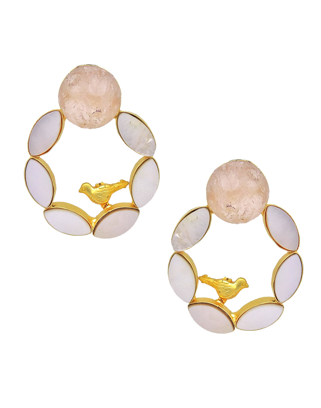 Pearl Cage Earrings (Rose Quartz) - Statement Earrings - Gold-Plated & Hypoallergenic - Made in India - Dubai Jewellery - Dori