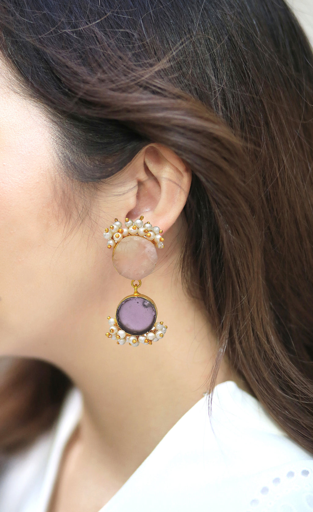 Twin Bloom Earrings (Rose Quartz & Amethyst) - Statement Earrings - Gold-Plated & Hypoallergenic - Made in India - Dubai Jewellery - Dori