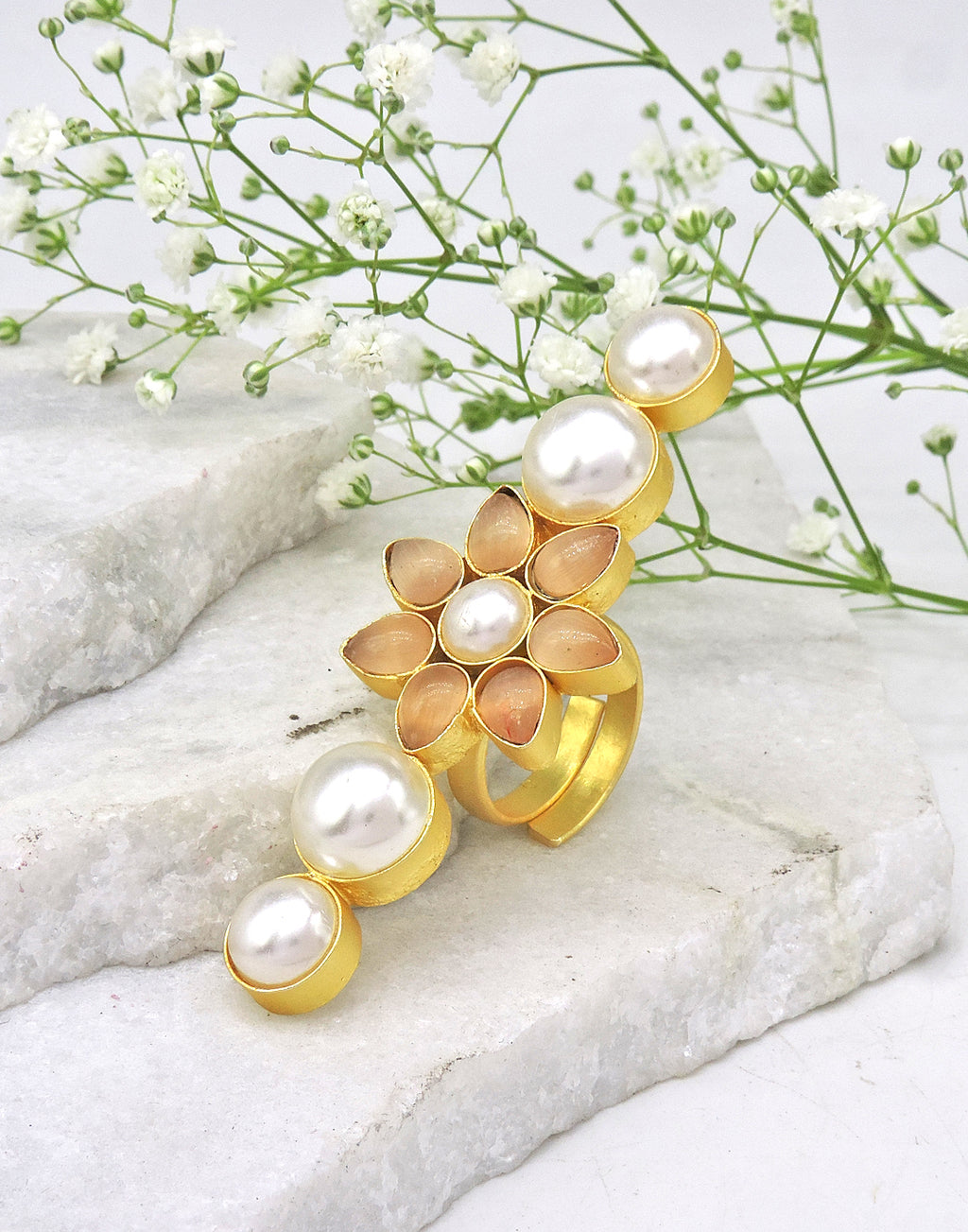 Floral Jewel Ring | Peach & Pink - Statement Rings - Gold-Plated & Hypoallergenic Jewellery - Made in India - Dubai Jewellery - Dori