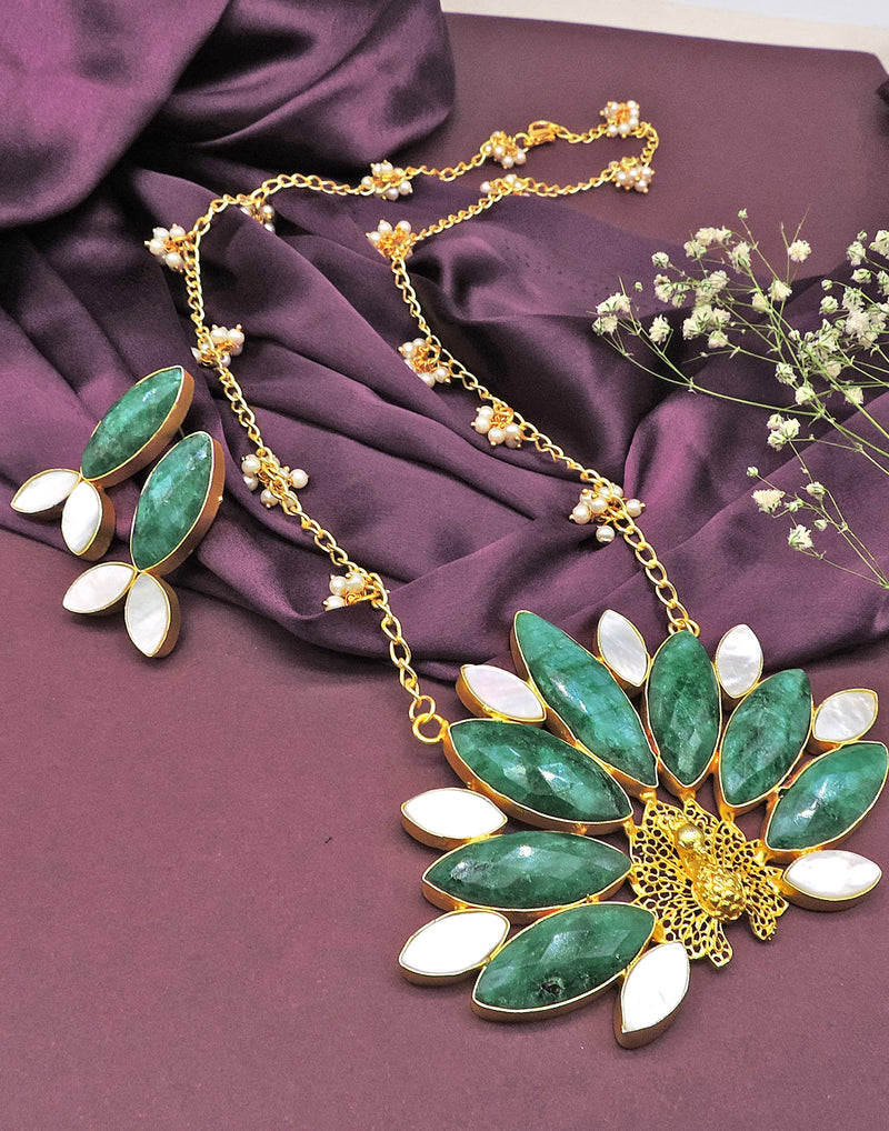 Leaf Pearl Earrings | Blue & Green - Statement Earrings - Gold-Plated & Hypoallergenic Jewellery - Made in India - Dubai Jewellery - Dori