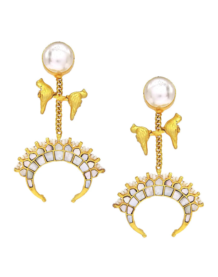 Pearl & Shell Bird Cluster Earrings- Handcrafted Jewellery from Dori