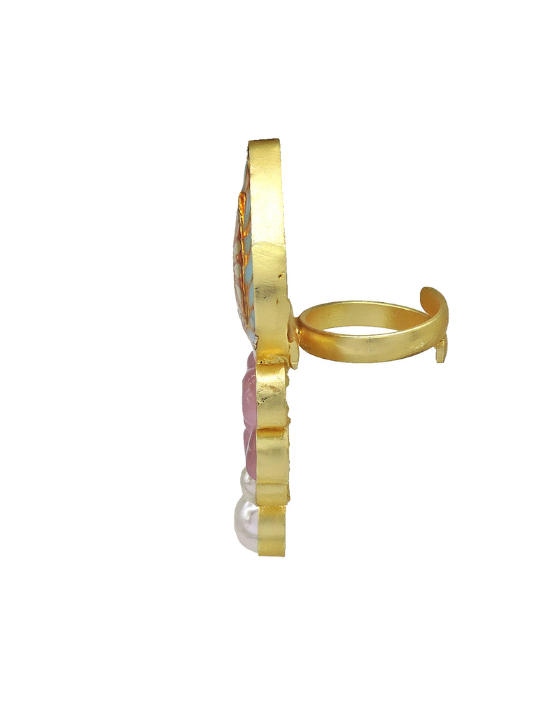 Jewelled Kundan Ring | Peach & Blue - Statement Rings - Gold-Plated & Hypoallergenic Jewellery - Made in India - Dubai Jewellery - Dori