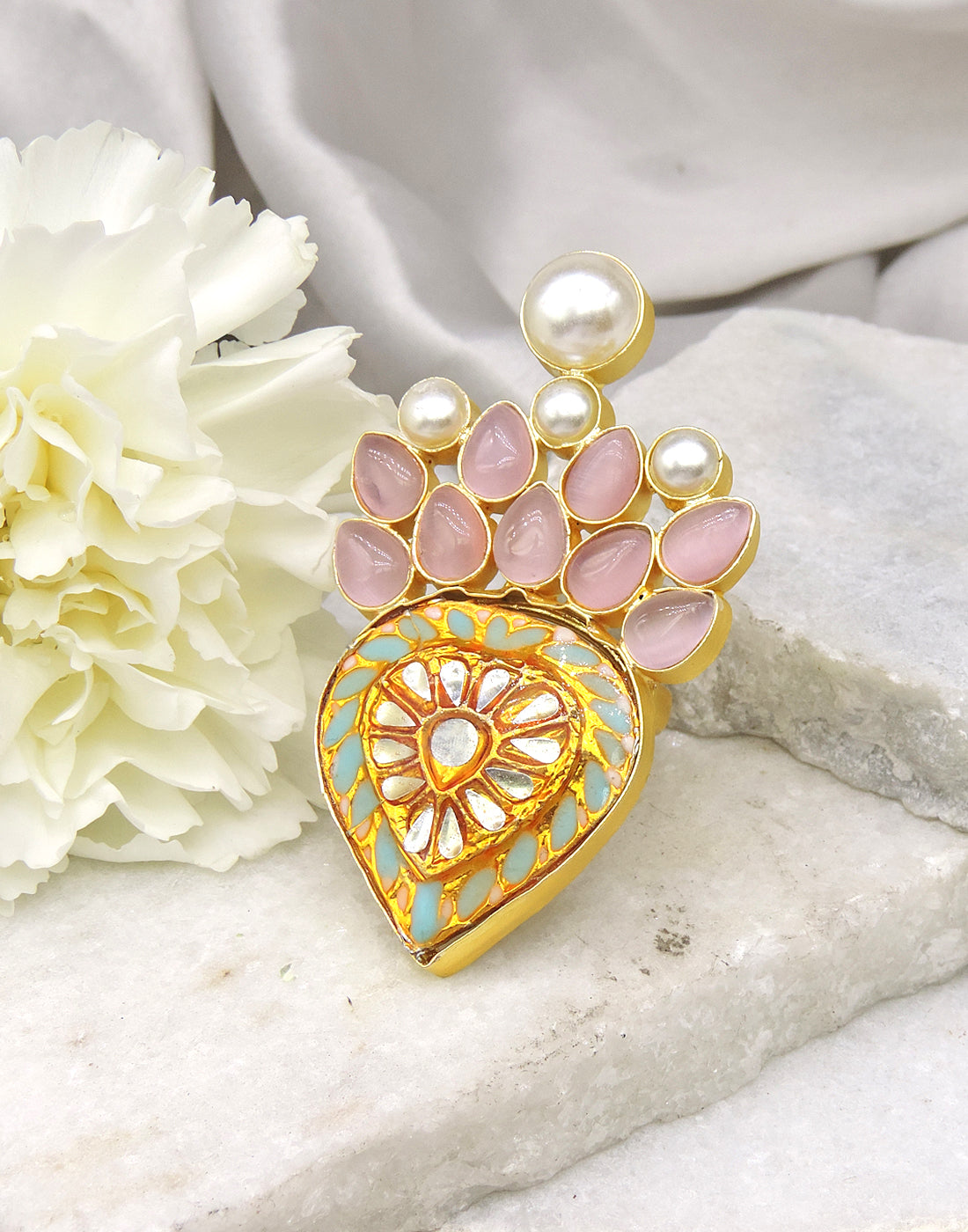 Jewelled Kundan Ring | Peach & Blue - Statement Rings - Gold-Plated & Hypoallergenic Jewellery - Made in India - Dubai Jewellery - Dori