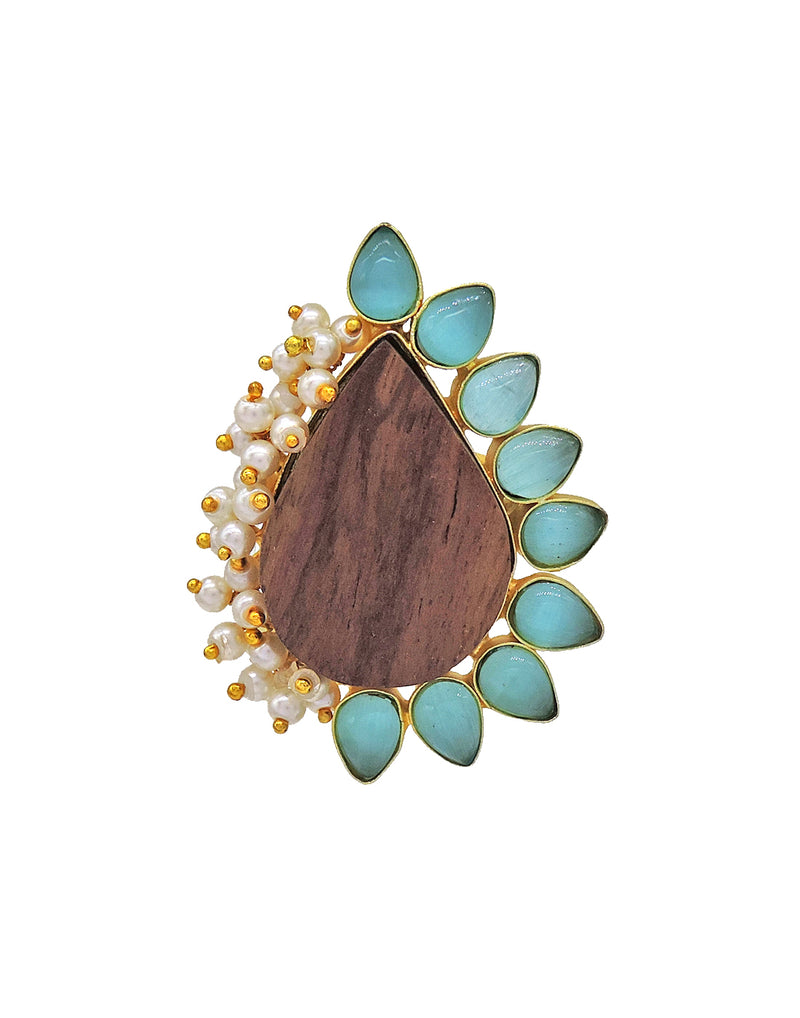 Floral Wood Ring | Grey & Blue - Statement Rings - Gold-Plated & Hypoallergenic Jewellery - Made in India - Dubai Jewellery - Dori