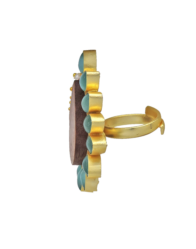 Floral Wood Ring | Grey & Blue - Statement Rings - Gold-Plated & Hypoallergenic Jewellery - Made in India - Dubai Jewellery - Dori