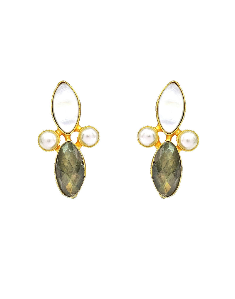 Pearl & Labradorite Earrings - Statement Earrings - Gold-Plated & Hypoallergenic Jewellery - Made in India - Dubai Jewellery - Dori