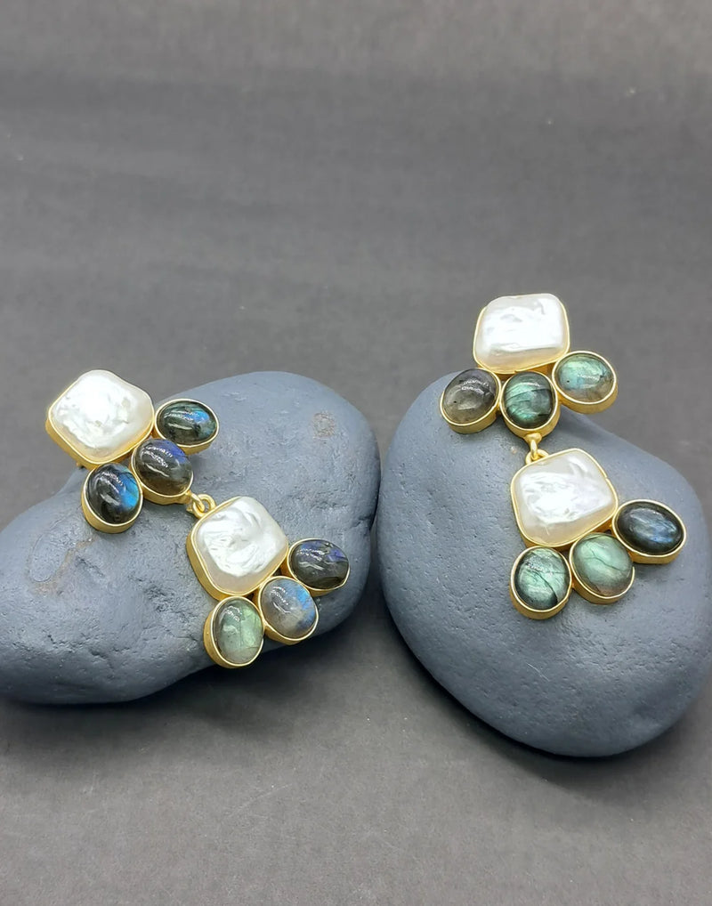 Labaradorite & Pearl Statement Earrings- Handcrafted Jewellery from Dori