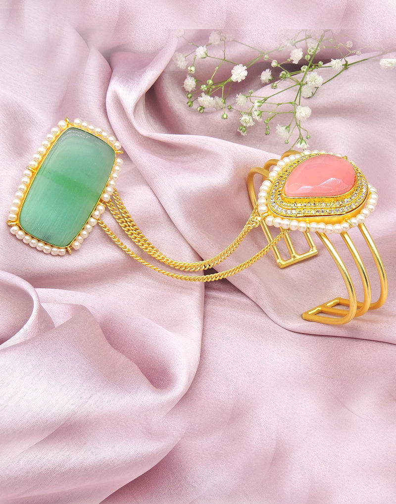 Teardrop Hand Harness | Pink & Orange - Statement Hand Harness - Gold-Plated & Hypoallergenic Jewellery - Made in India - Dubai Jewellery - Dori