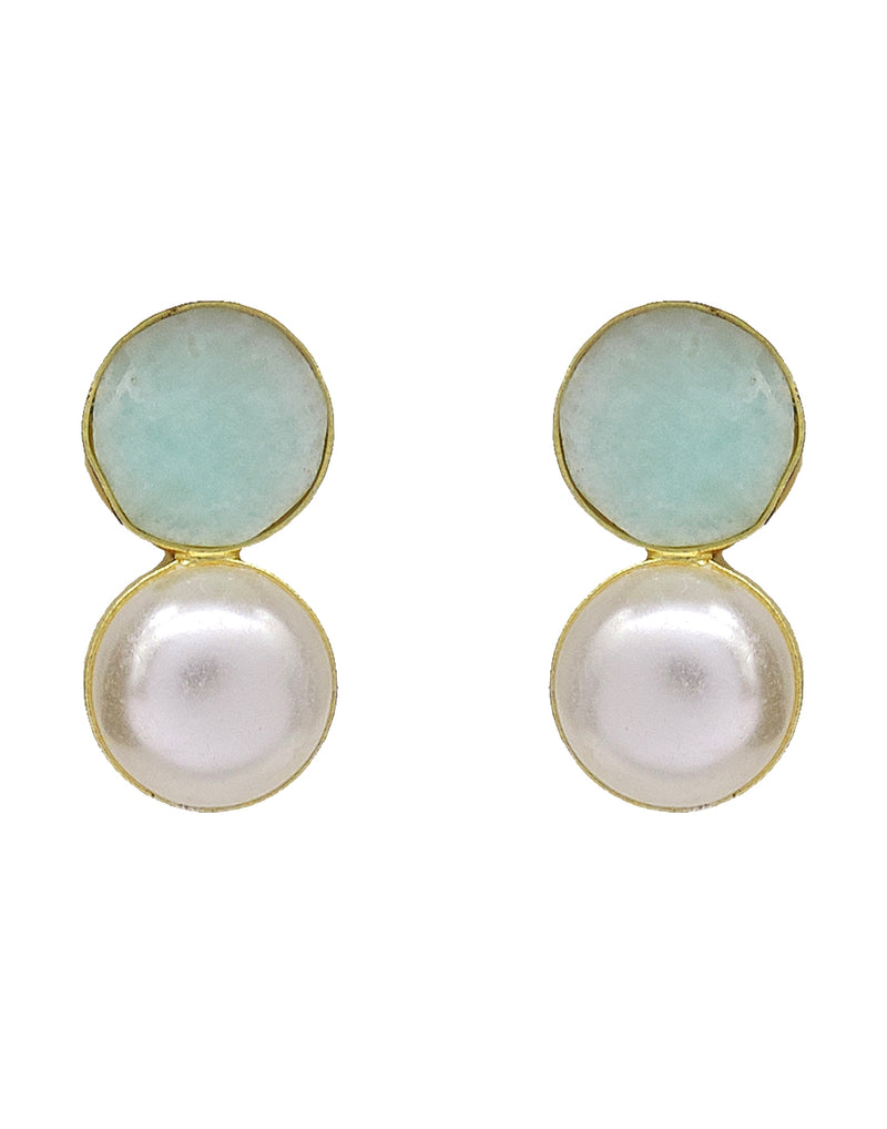 Pearl & Stone Earrings (Amazonite) - Statement Earrings - Gold-Plated & Hypoallergenic Jewellery - Made in India - Dubai Jewellery - Dori