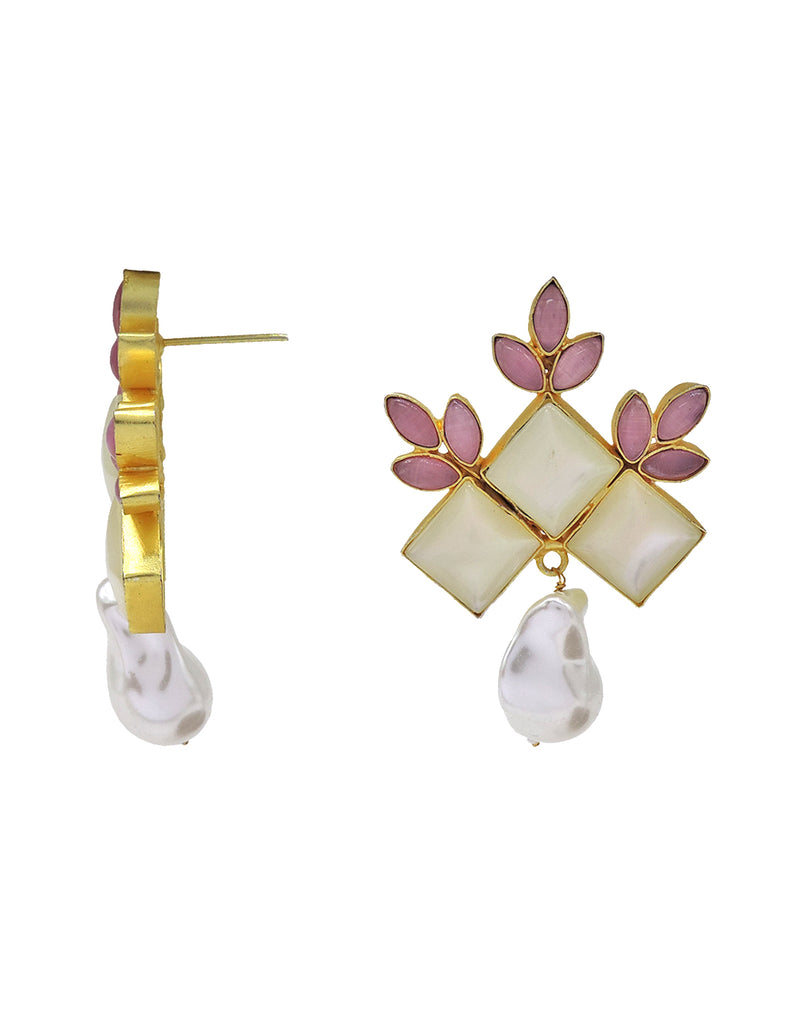Flower Crown Earrings | Pink & Green - Statement Earrings - Gold-Plated & Hypoallergenic - Made in India - Dubai Jewellery - Dori