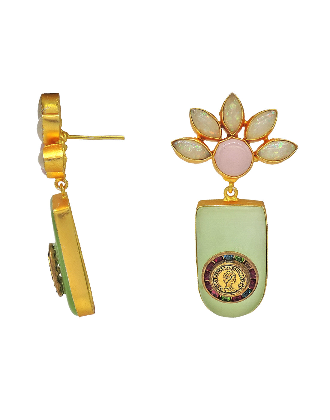 Jade Flower Earrings - Statement Earrings - Gold-Plated & Hypoallergenic - Made in India - Dubai Jewellery - Dori