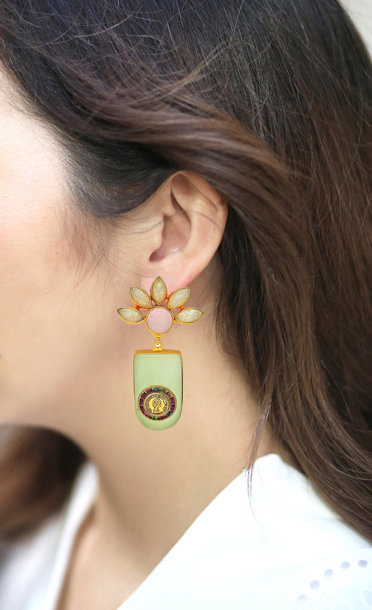 Jade Flower Earrings - Statement Earrings - Gold-Plated & Hypoallergenic - Made in India - Dubai Jewellery - Dori