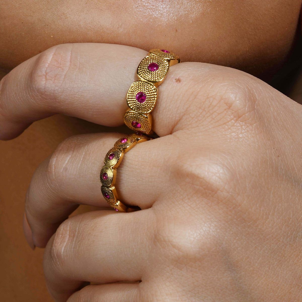 Pink Gem Honeycomb Shaped Chunky Band Ring - Statement Rings - Gold-Plated & Hypoallergenic Jewellery - Made in India - Dubai Jewellery - Dori