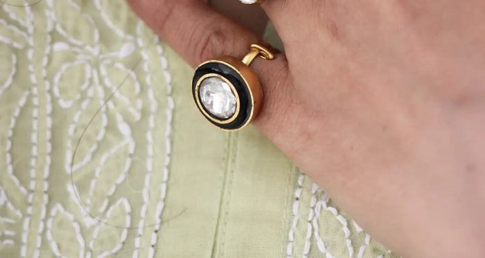 Black Enamel Kundan Ring | Gold-Plated Adjustable Statement Ringfrom Dori