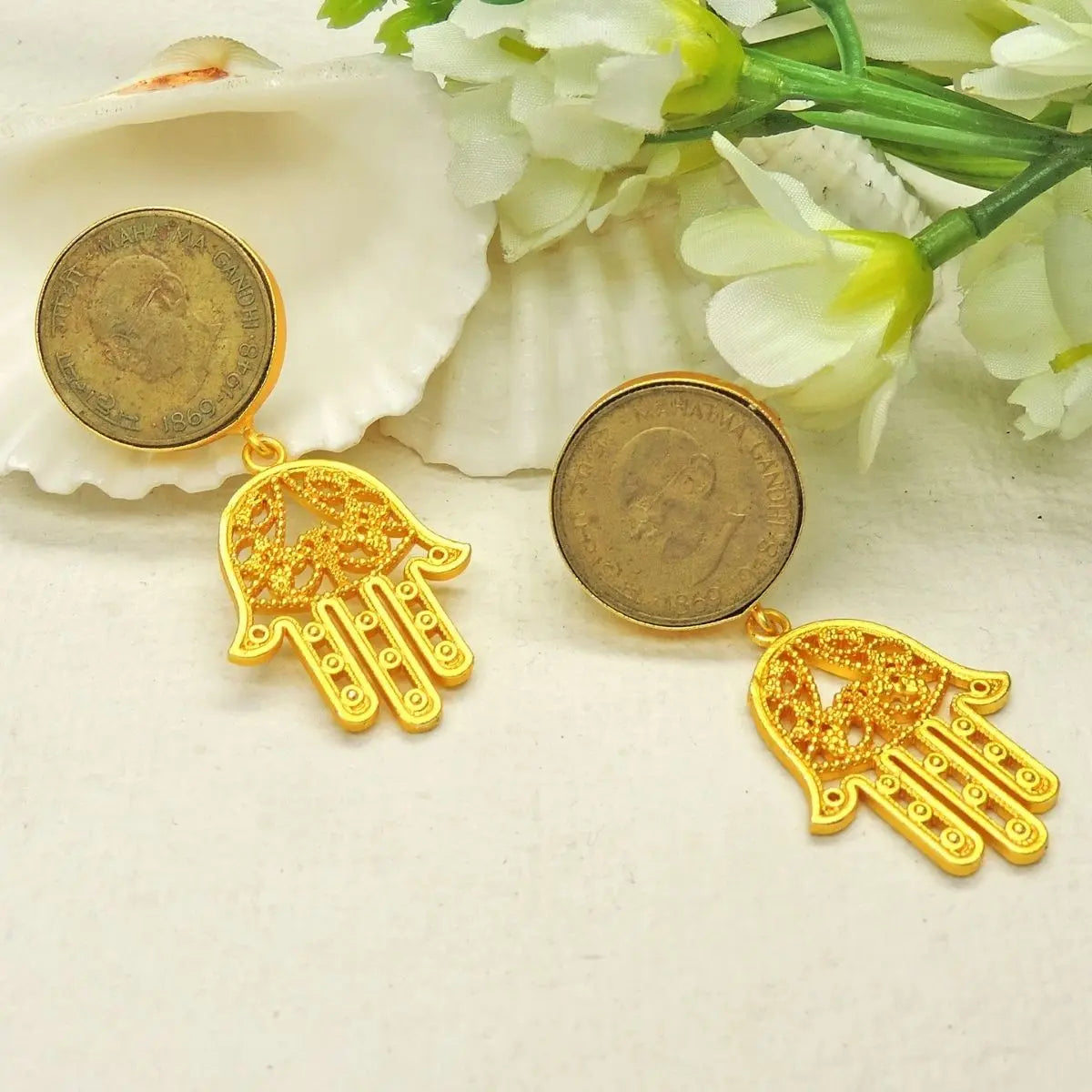 Hamsa Coin Earrings