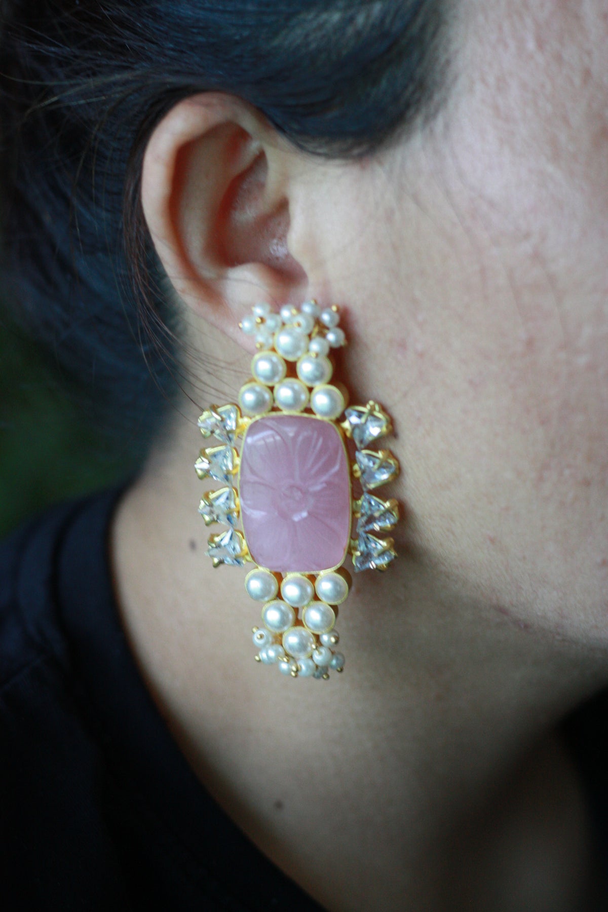 Carved Rose Quartz Pearl Earrings