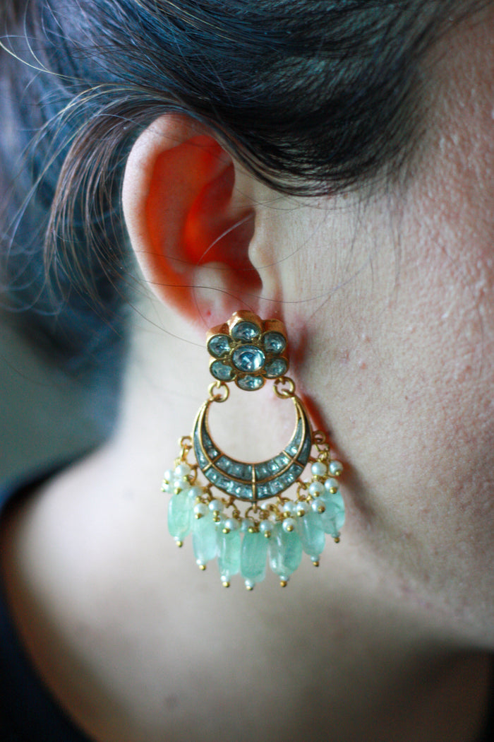Green Bead MOP Chandbali Earrings