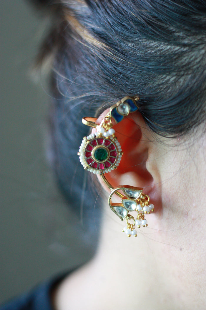 Red Green Kundan Pearl Cuff