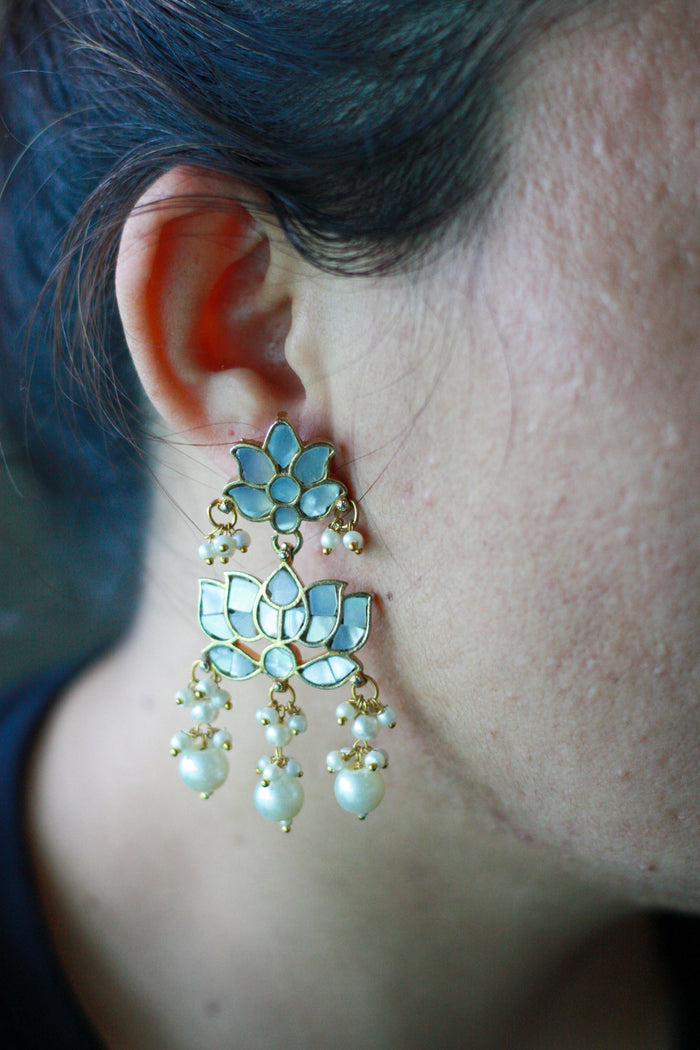 Double Lotus Pearl Drop Earrings