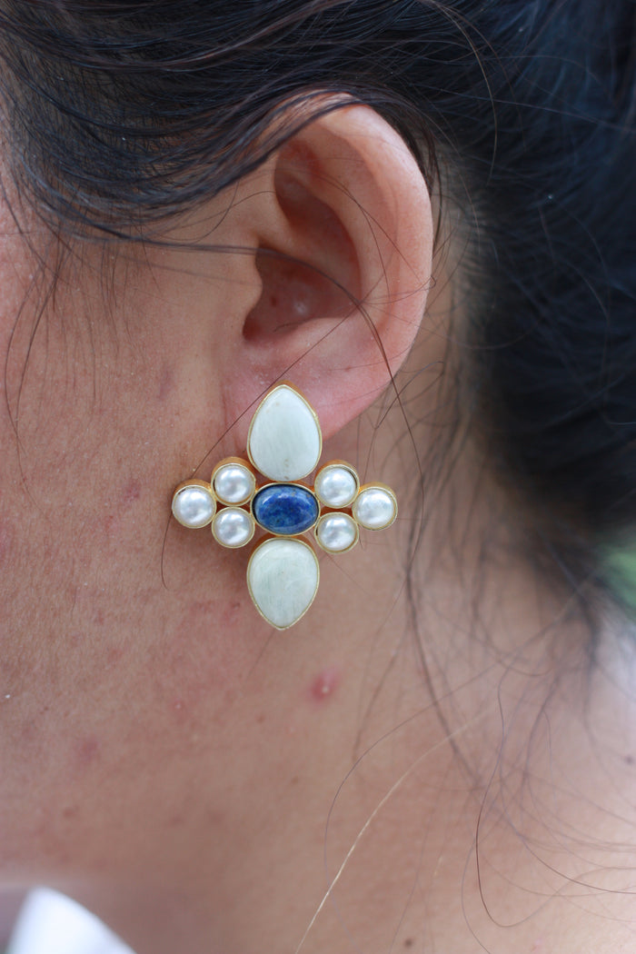 Ivory Pearl Lapis Cross Earring