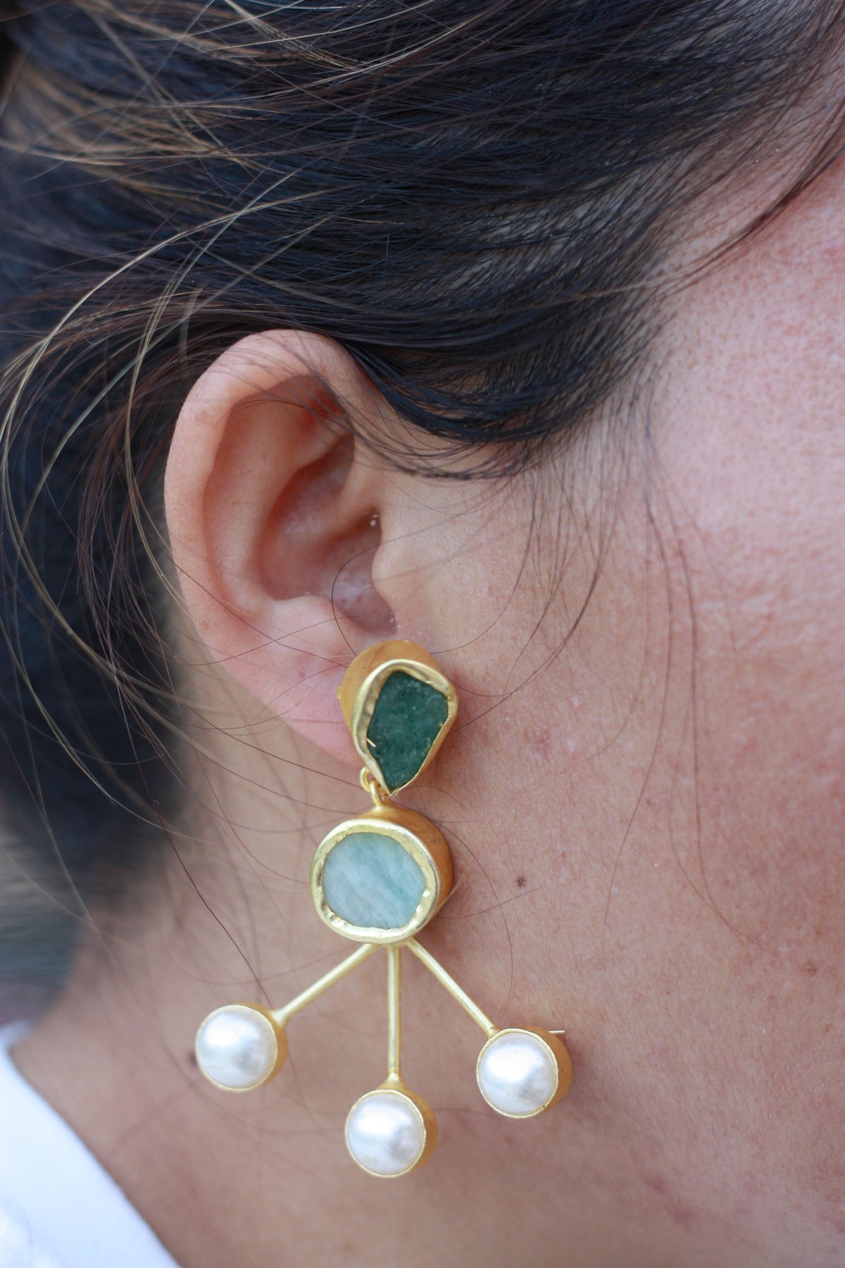 Raw Emerald & Citrine Triple Pearl Orbit Earring