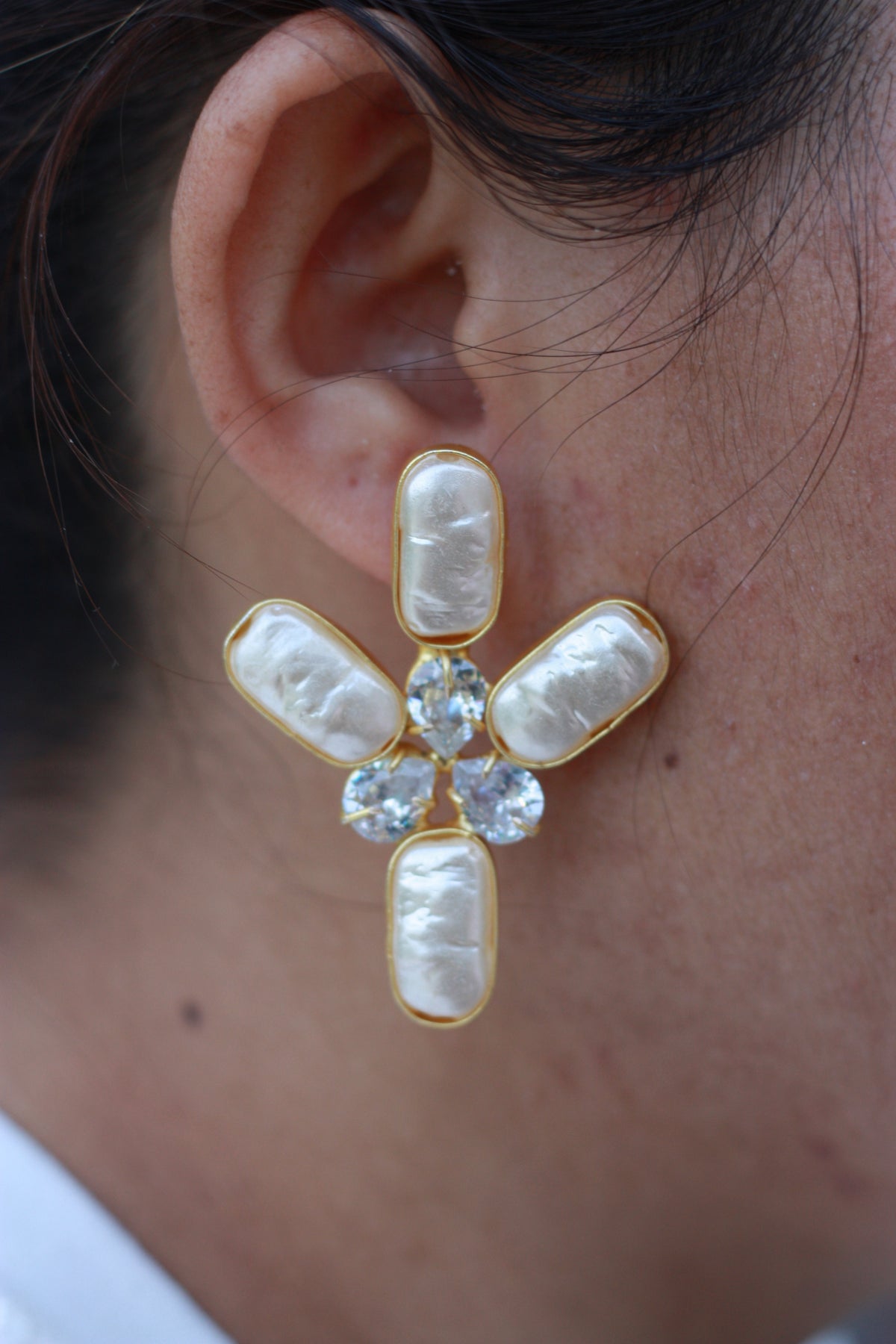 Baroque Pearl Cross Crystal Statement Earring