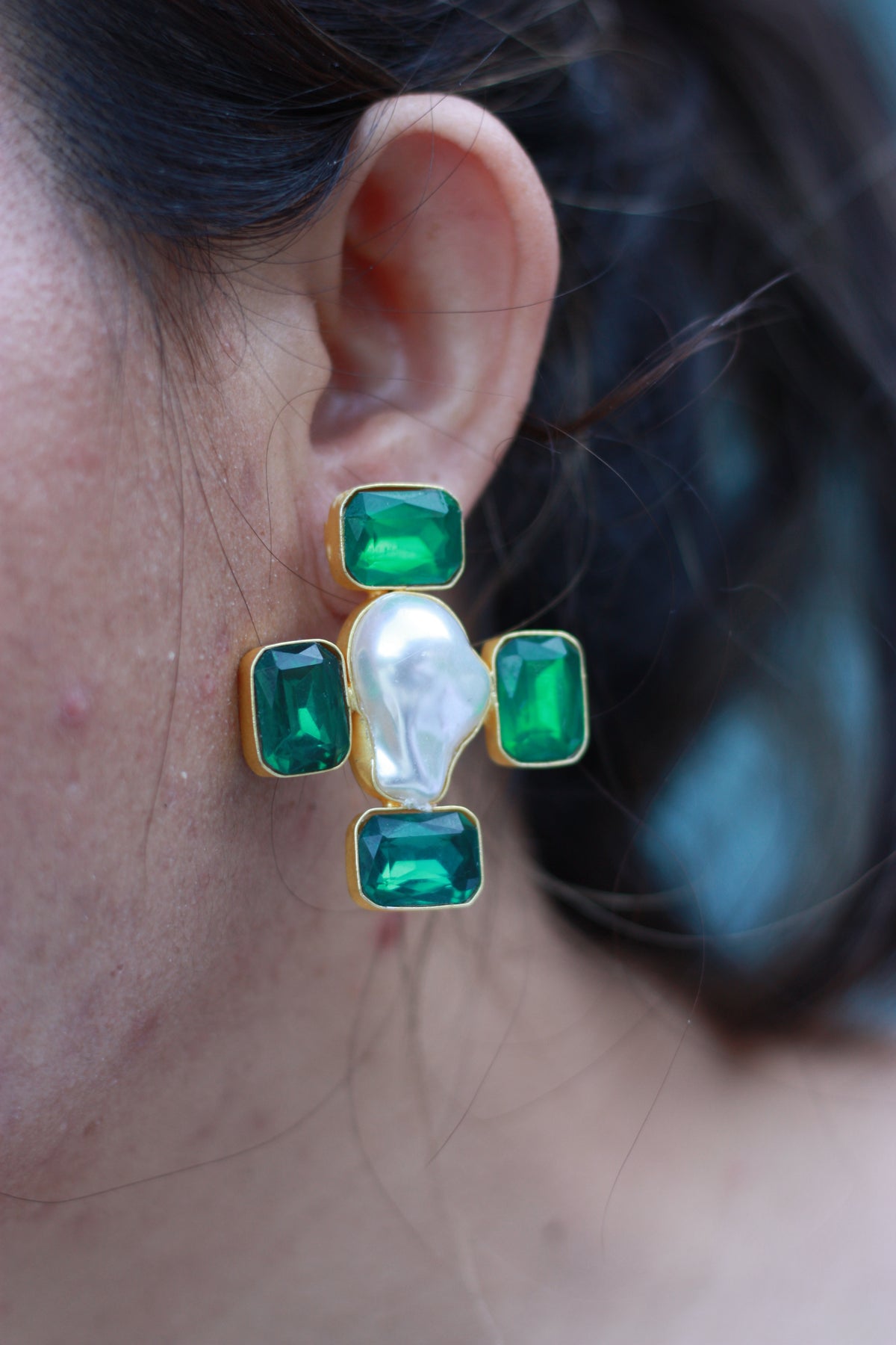 Emerald Quad & Baroque Abstract Drop Earring