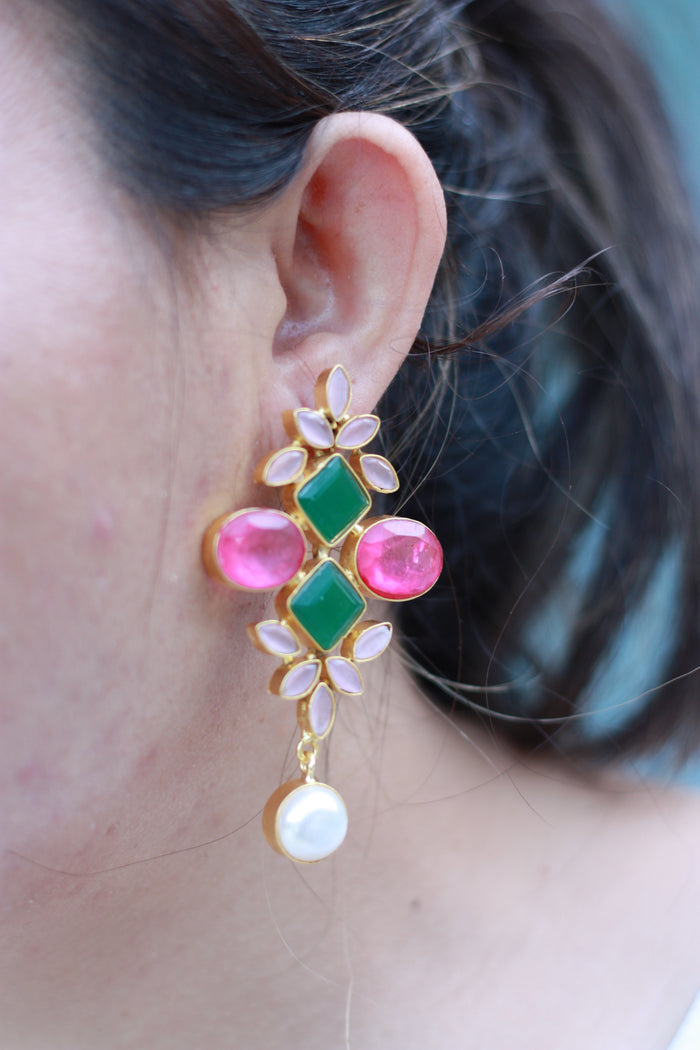 Pink & Green Art Deco Bloom Pearl Drop Earring