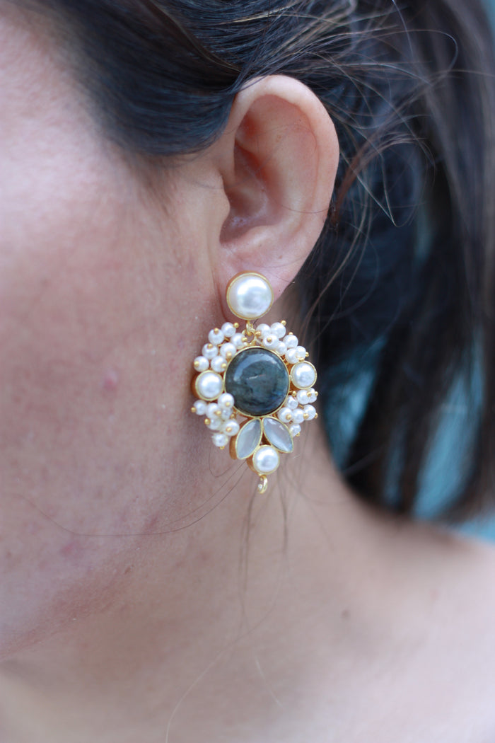 Labradorite Floral Pearl Cluster Studs