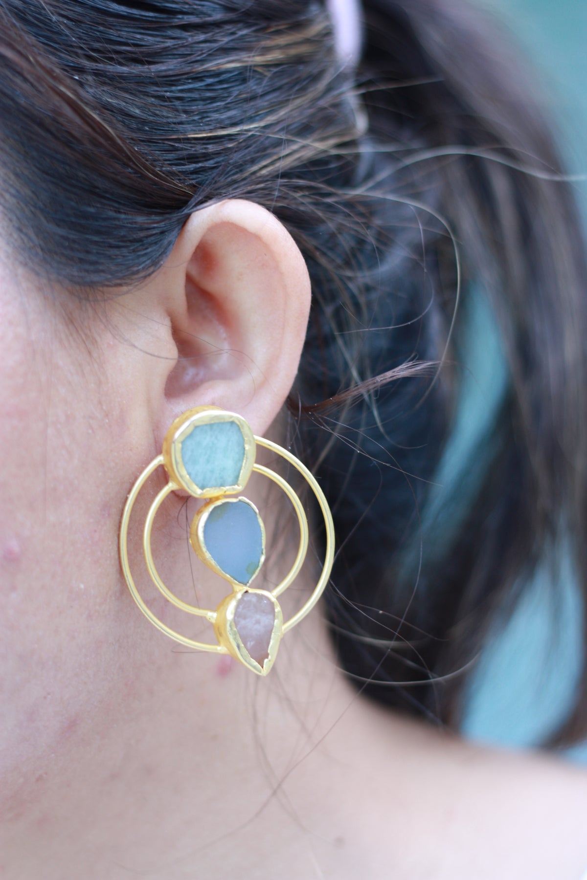 Aqua Rose Triple Stone Hoops