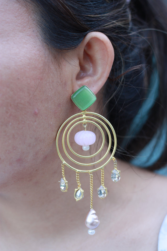 Green Stone Gold Hoop Drop