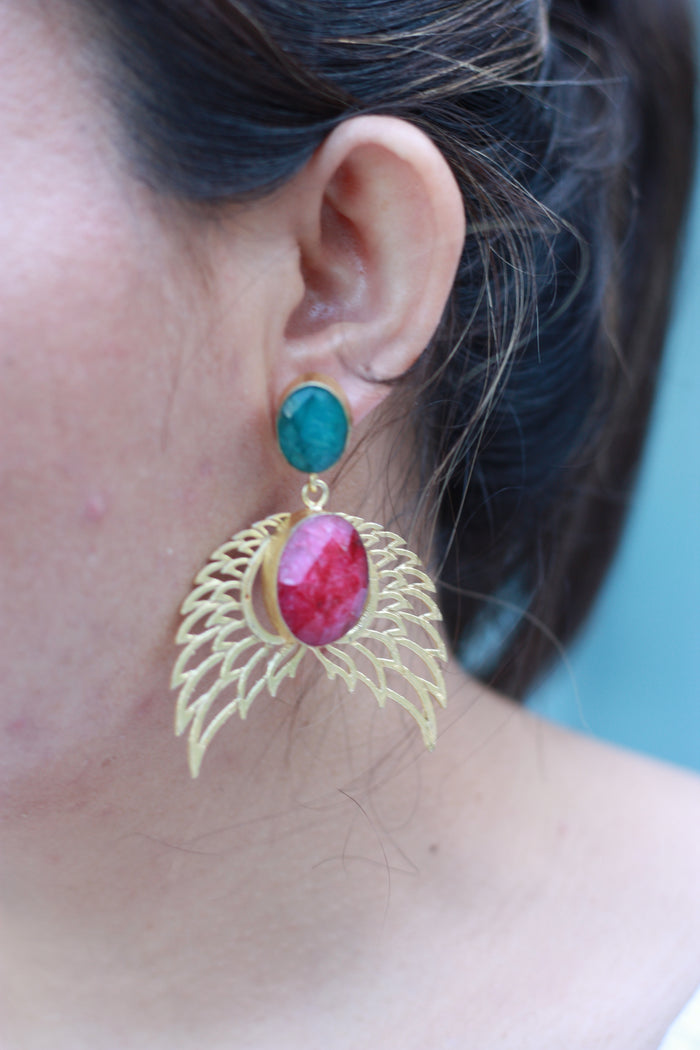 Emerald Ruby Fan Wing Earrings