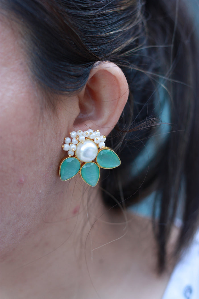 Aqua Teardrop Pearl Floral Studs