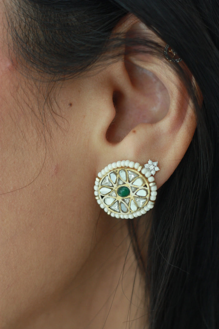 Mother of Pearl Petal Stud Earrings | Gold-Plated Green Enamel Floral Studsfrom Dori