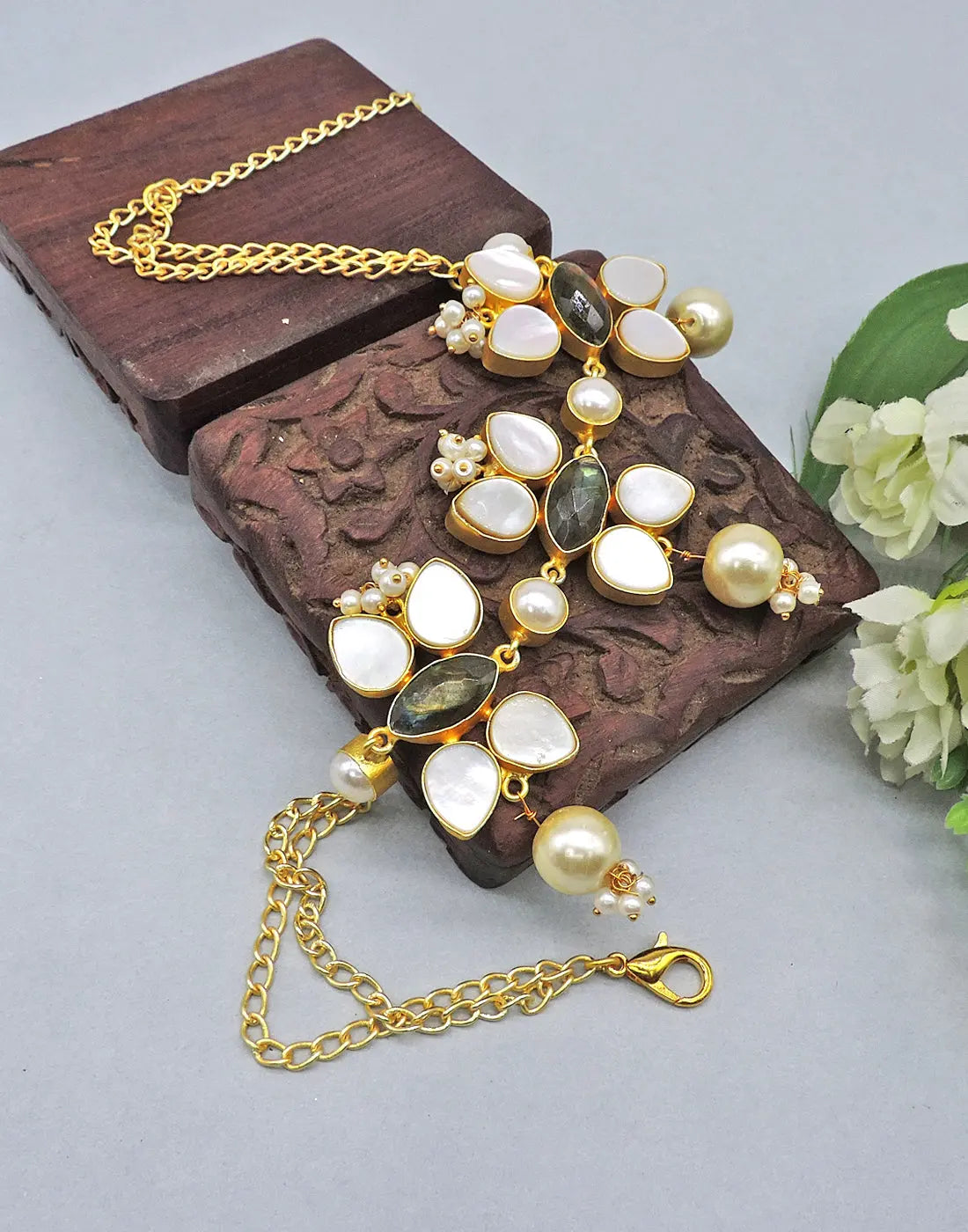 Pearl Flower Trio Necklace - Statement Necklaces - Gold-Plated & Hypoallergenic Jewellery - Made in India - Dubai Jewellery - Dori