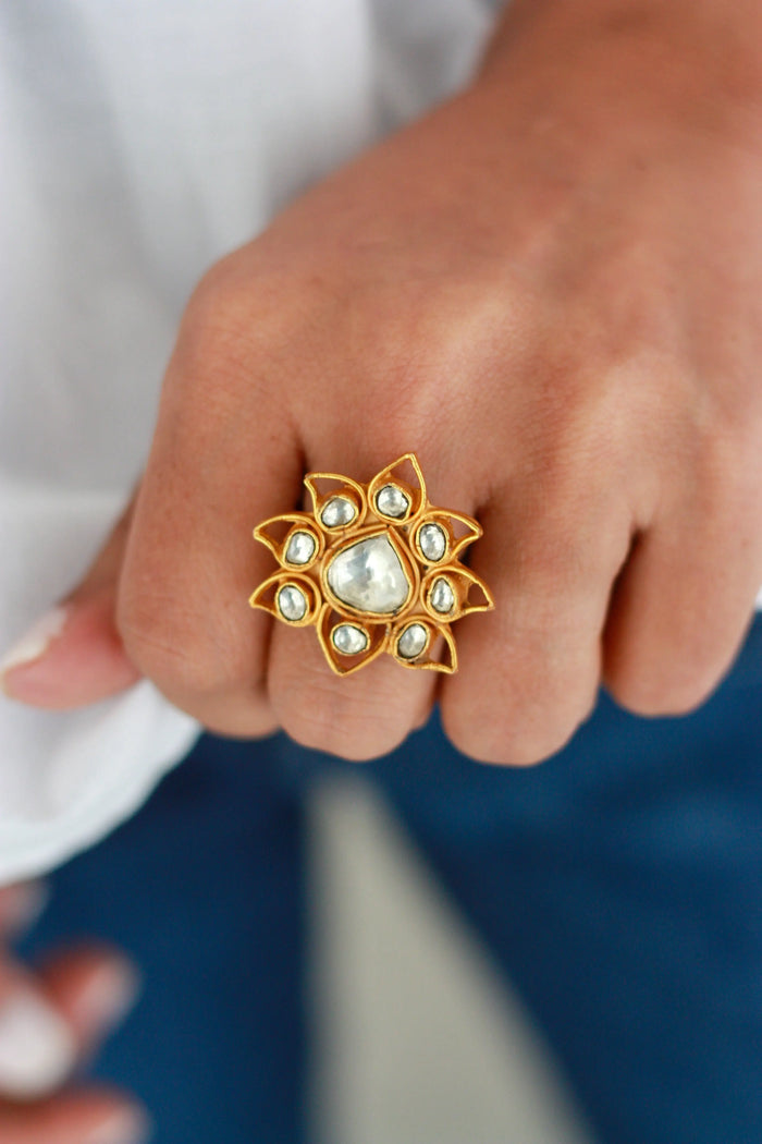 Sunburst Kundan Ring | Adjustable Gold-Plated Festive Statement Ringfrom Dori