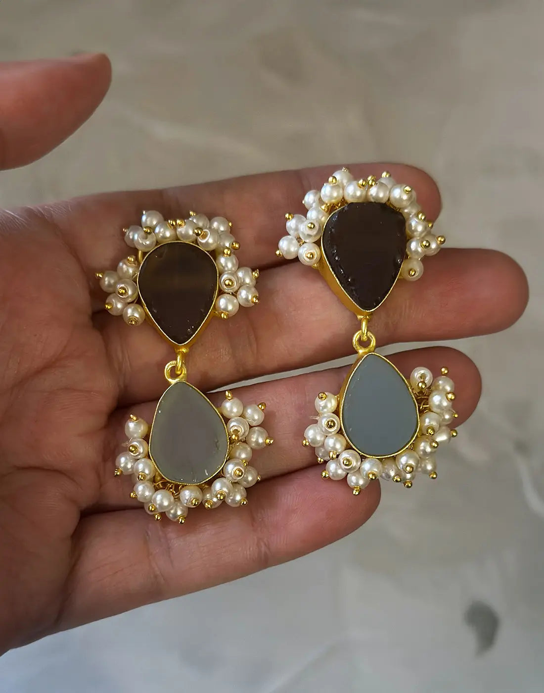 Twin Teardrop Earrings (Blue Onyx & Quartz) - Statement Earrings - Gold-Plated & Hypoallergenic Jewellery - Made in India - Dubai Jewellery - Dori