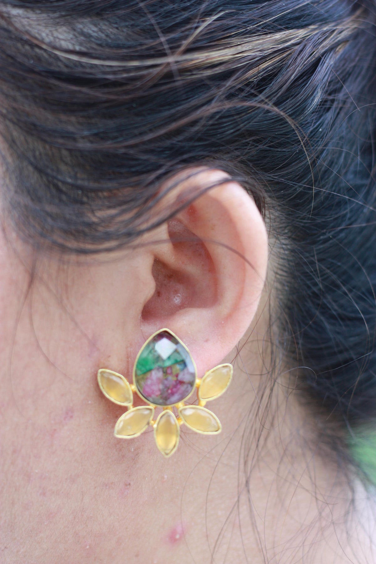 Ruby Zoisite Yellow Petal Stud